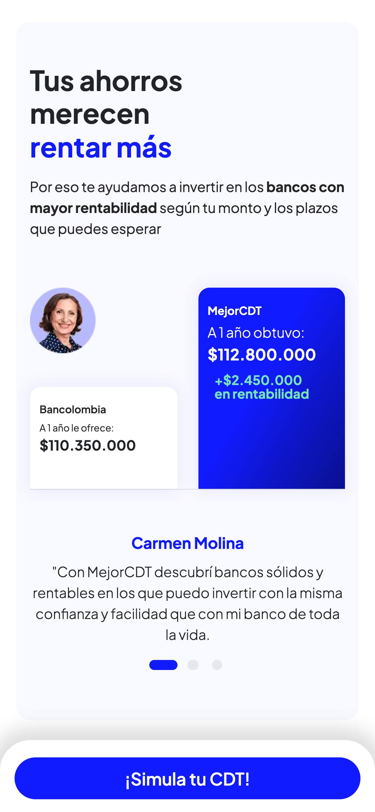 MejorCDT app comparing bank returns: earn more than a traditional bank