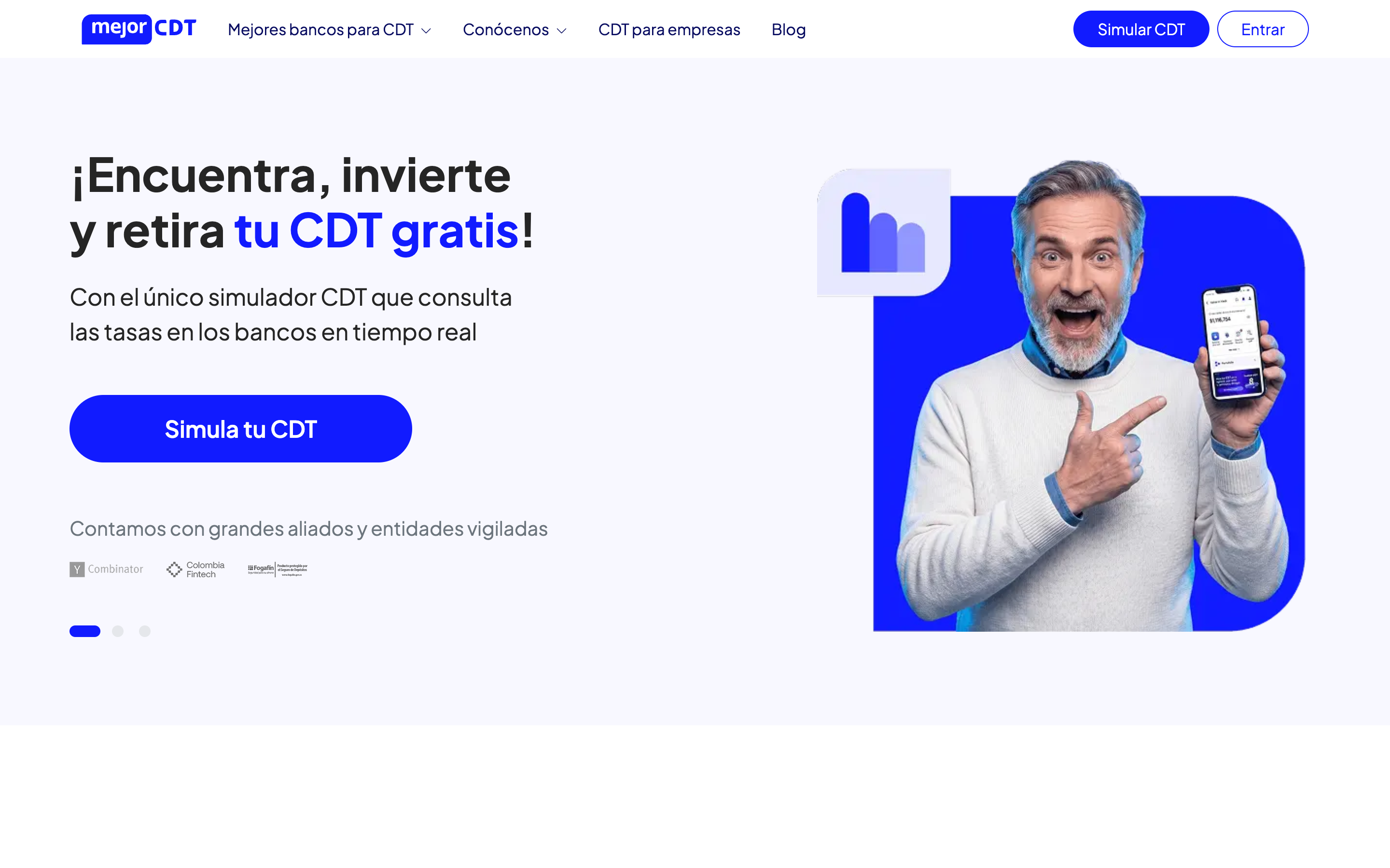 MejorCDT web app showing a CDT rate comparison across Colombian banks